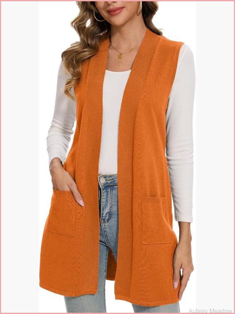 Sleeveless Cardigan Sweater Vest Long Open Front With Pockets